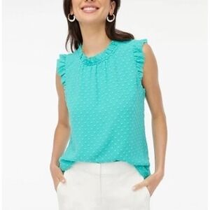 J. Crew Sleeveless Ruffle Top Teal Green Clip Dot Blouse Small NWOT